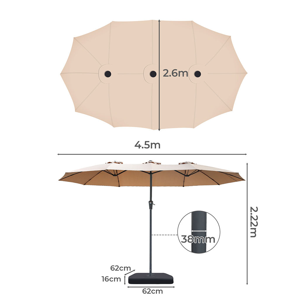 Centra 4.5M Double-sided Patio Umbrella Outdoor Umbrella Base Stand Khaki-1910112247733161986