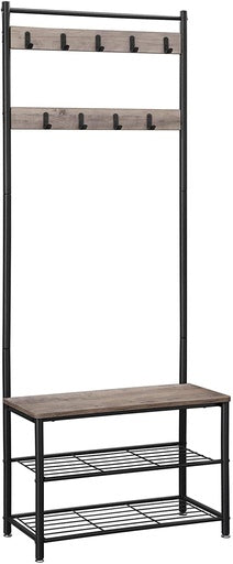 VASAGLE 175cm Coat Rack Stand Shoe Bench with Shelves Greige