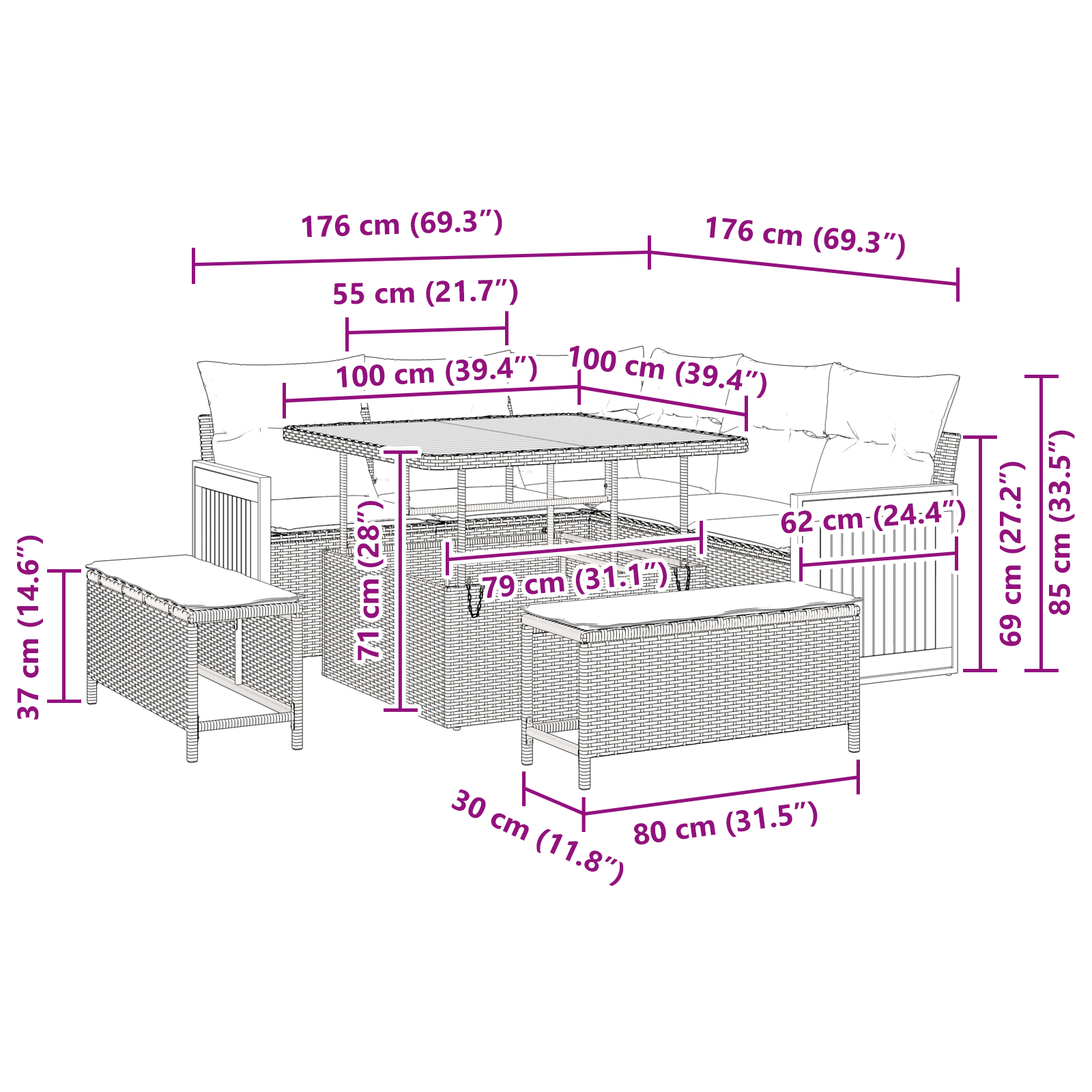 Garden Sofa Set 8 pcs Black Poly rattan and powder-coated steel