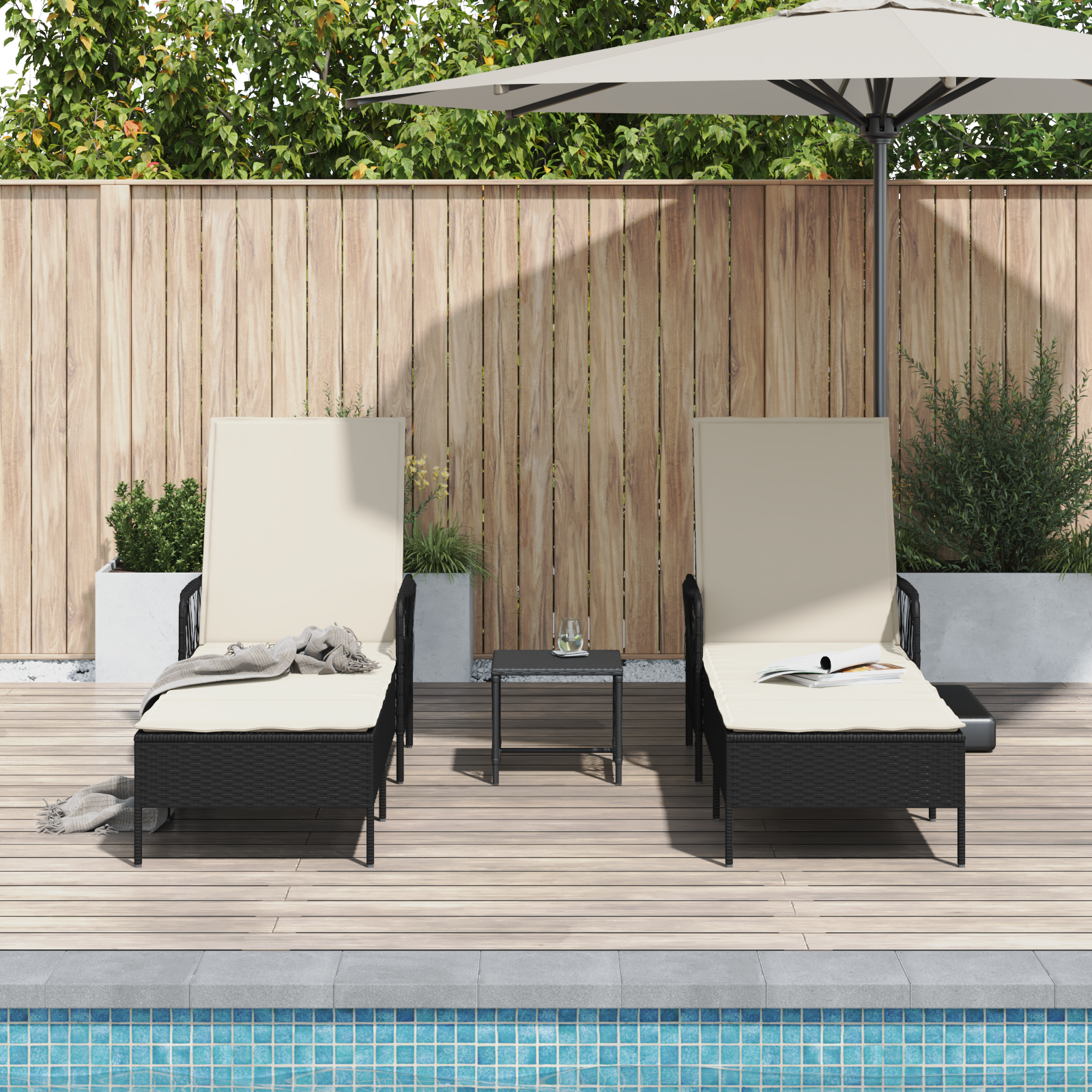 Sun Lounger 3 pcs Black and Cream White 55 x 200 x 92 cm