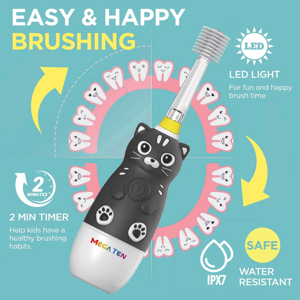 MEGA TEN 360-Degree Kids Electric Toothbrush with LED Light 4Yrs+ Black Cat-1954803151374782468