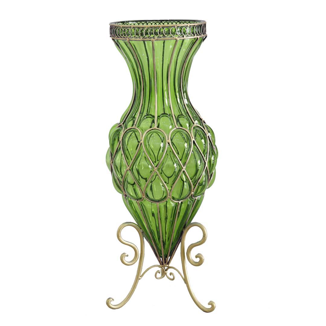 67cm Green Glass Tall Floor Vase with Metal Flower Stand