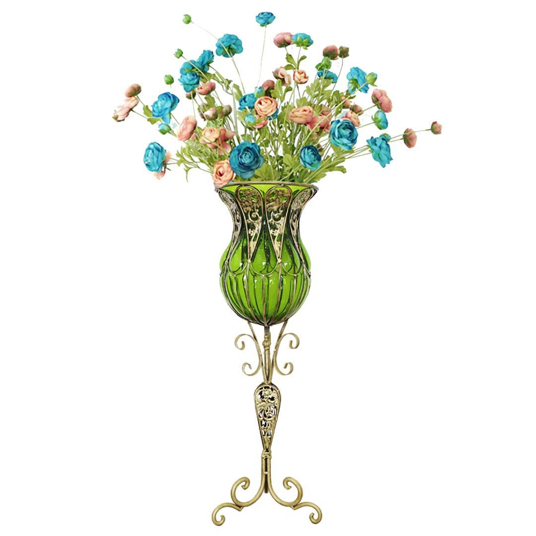Soga 85cm Green Glass Tall Floor Vase And 12pcs Blue Artificial Fake Flower Set