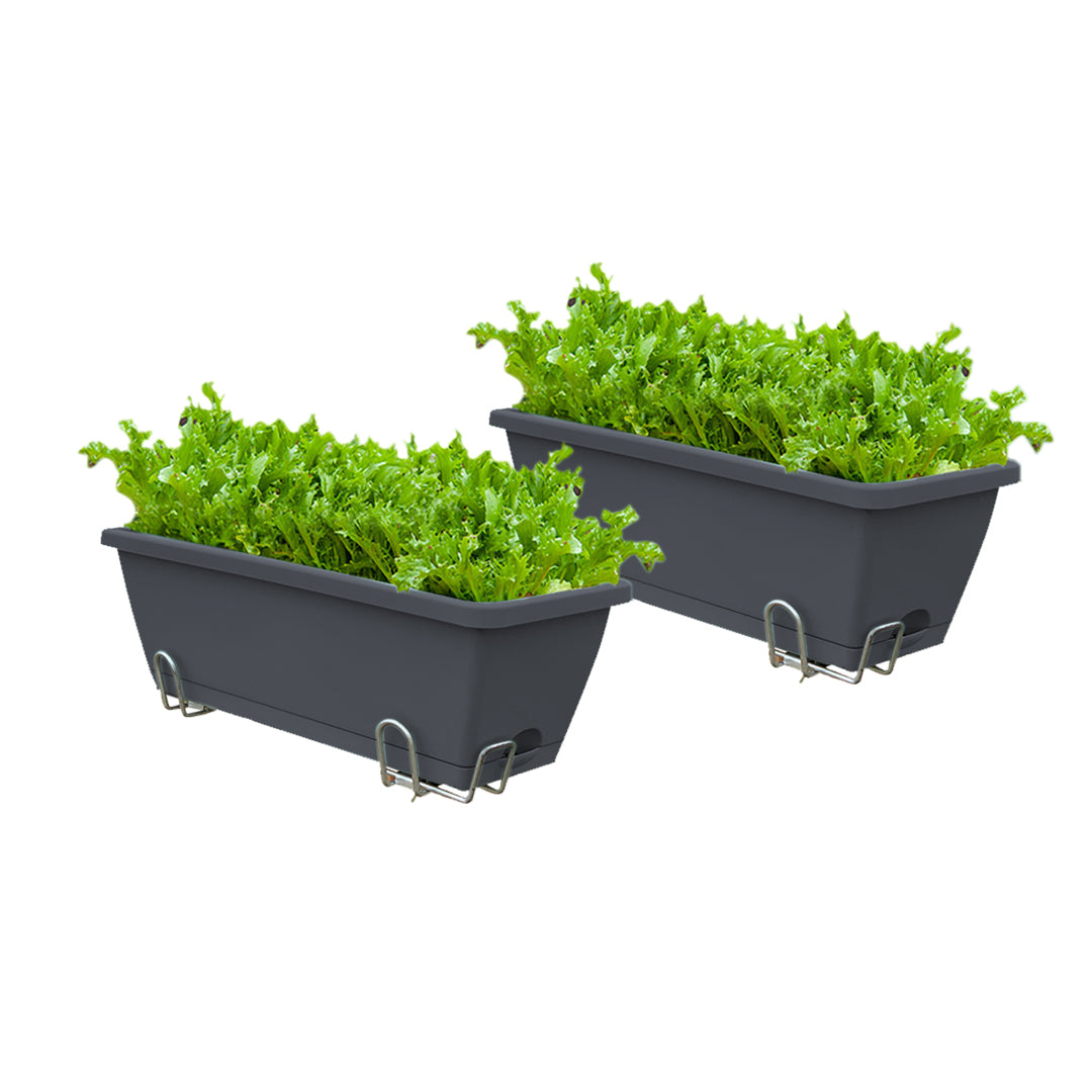 49.5cm Black Rectangular Planter Vegetable Herb Flower Outdoor Plastic Box with Holder Balcony Garden Decor Set of 2