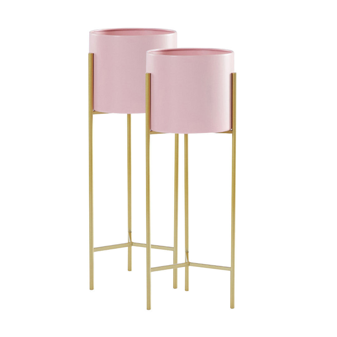 Soga 2 X 2 Layer 42cm Gold Metal Plant Stand With Pink Flower Pot Holder Corner Shelving Rack Indoor Display