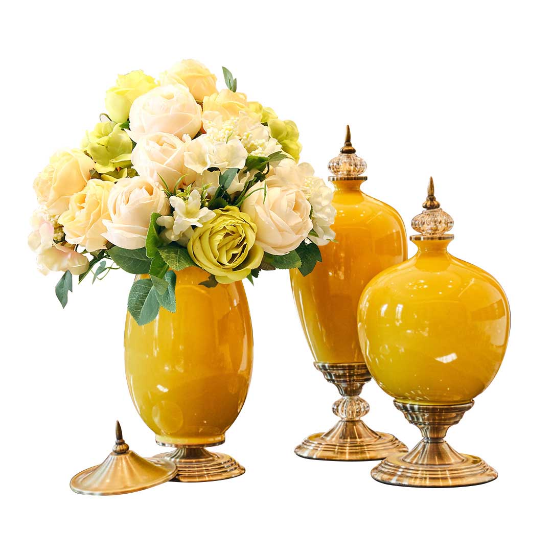 Soga 3 X Ceramic Oval Flower Vase With White Flower Set Yellow