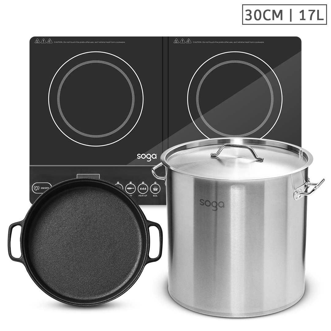 Soga Dual Burners Cooktop Stove, 30cm Cast Iron Skillet And 17 L Stainless Steel Stockpot 28cm