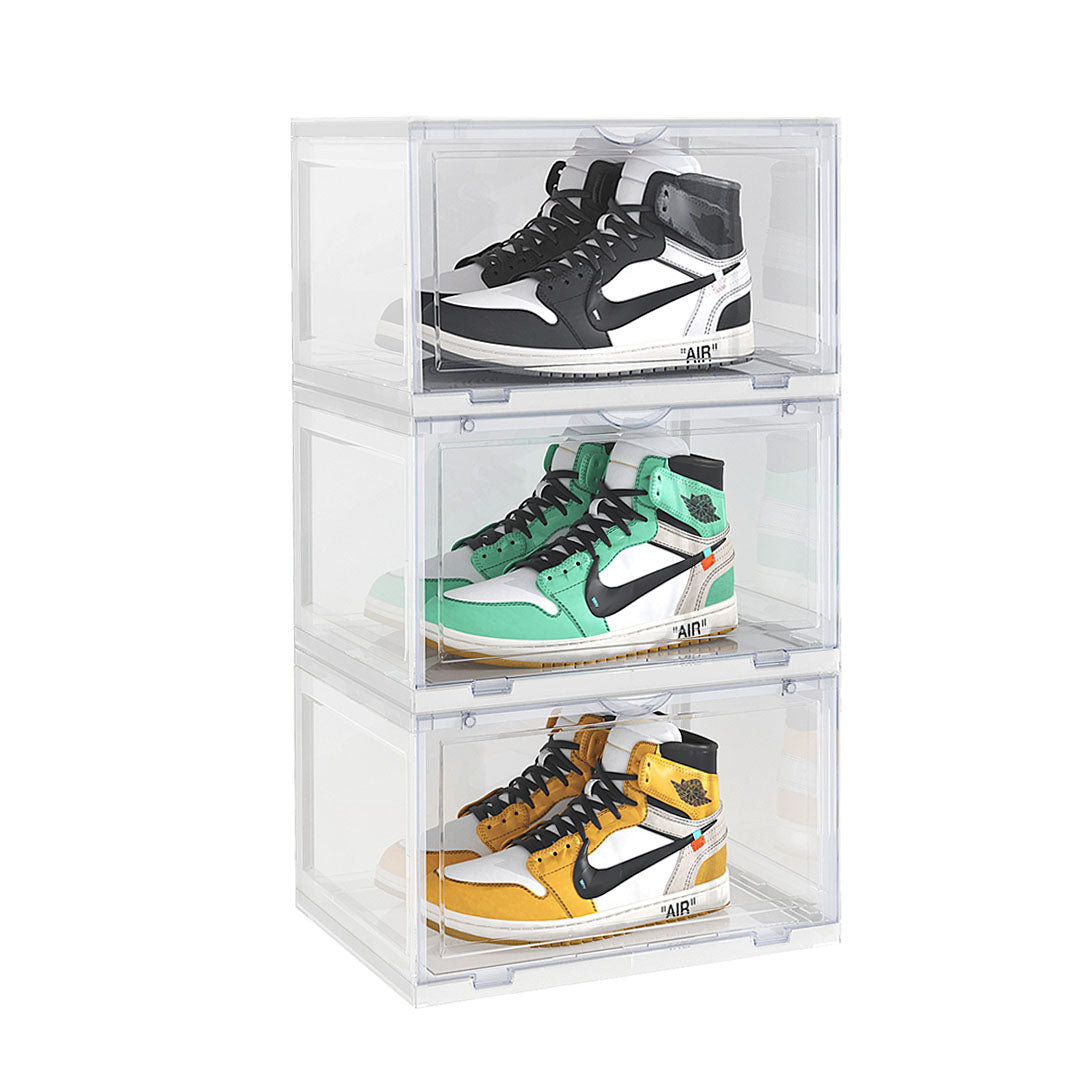 3 Tier Transparent Portable Shoe Organiser Sneaker Footwear Folding Plastic Bin Stackable Storage Box with Magnetic Door