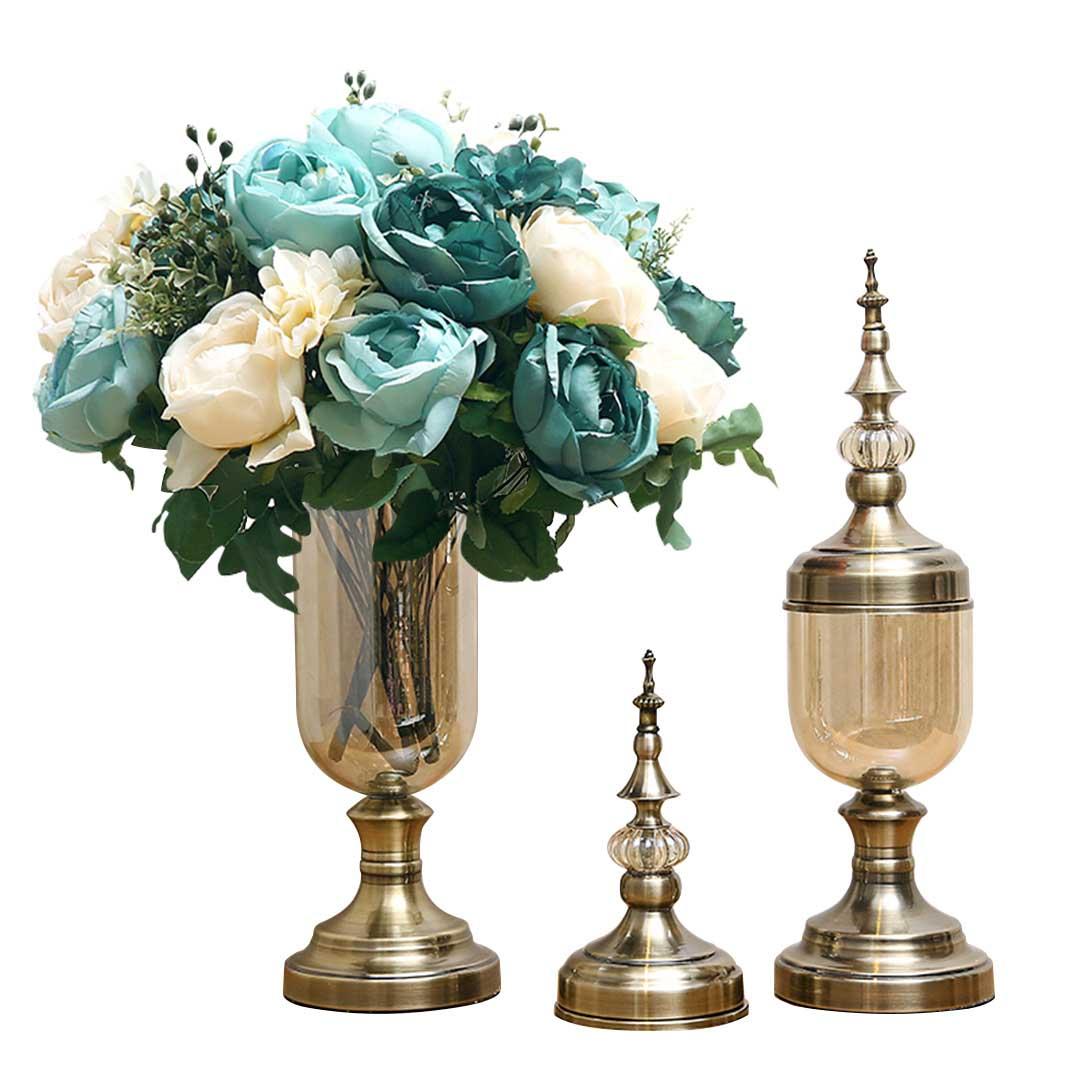 Soga 2 X Clear Glass Flower Vase With Lid And Blue Flower Filler Vase Bronze Set