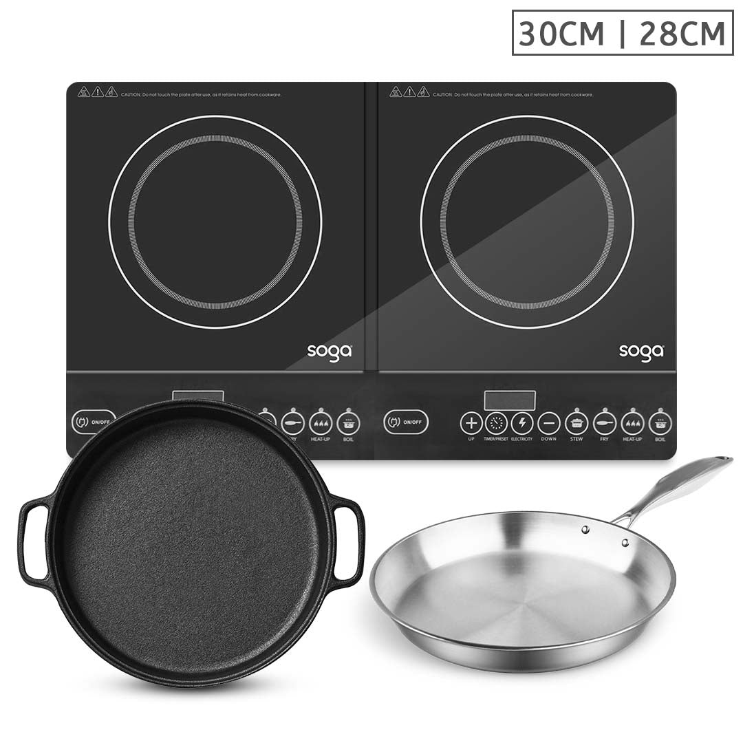 Soga Dual Burners Cooktop Stove, 30cm Cast Iron Frying Pan Skillet And 28cm Induction Fry Pan