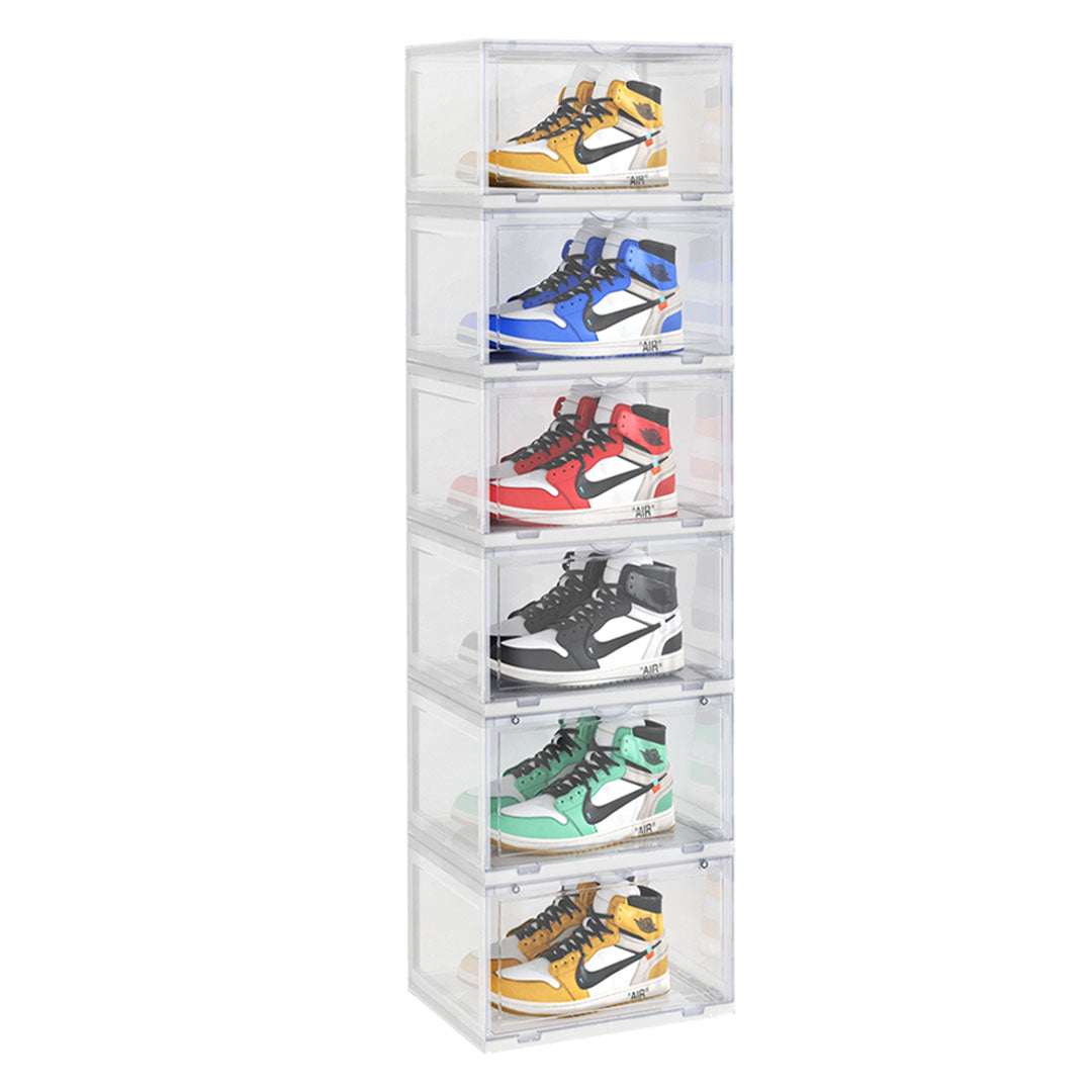 6 Tier Transparent Portable Shoe Organiser Sneaker Footwear Folding Plastic Bin Stackable Storage Box with Magnetic Door