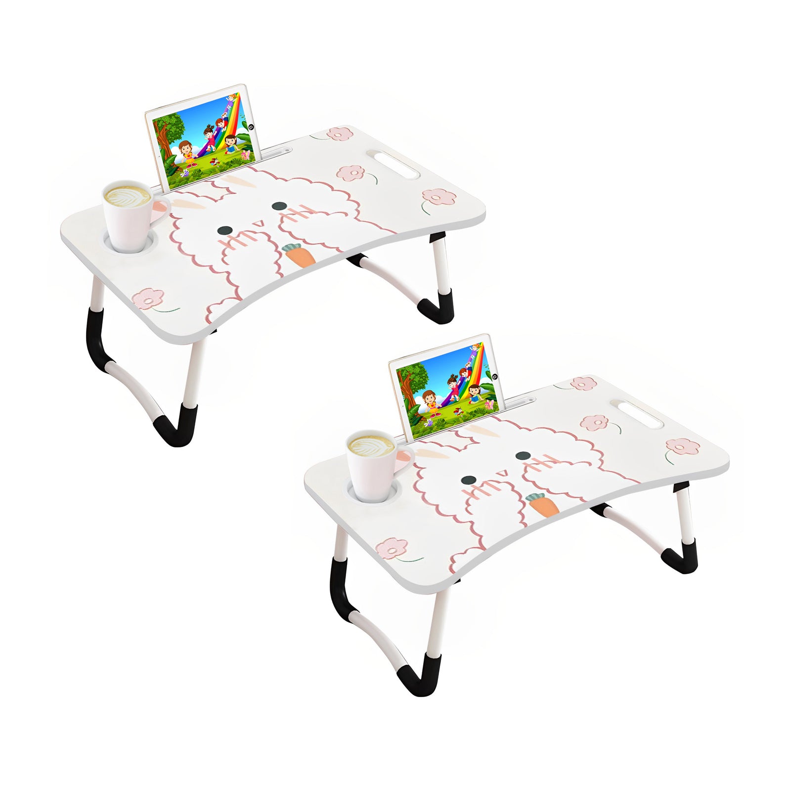 2X Cute Rabbit Design Portable Bed Table Adjustable Foldable Bed Sofa Study Table Laptop Mini Desk with Drawer and Cup Slot Home Decor