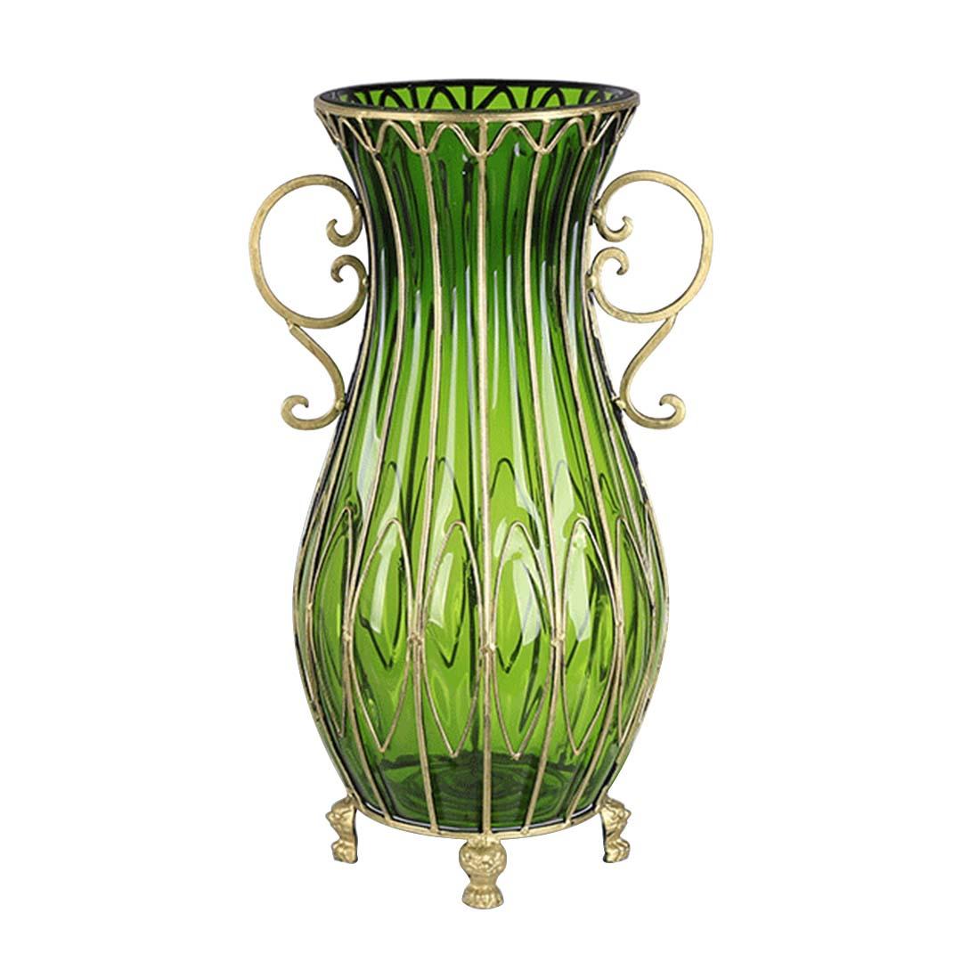 Soga 51cm Green Glass Oval Floor Vase With Metal Flower Stand