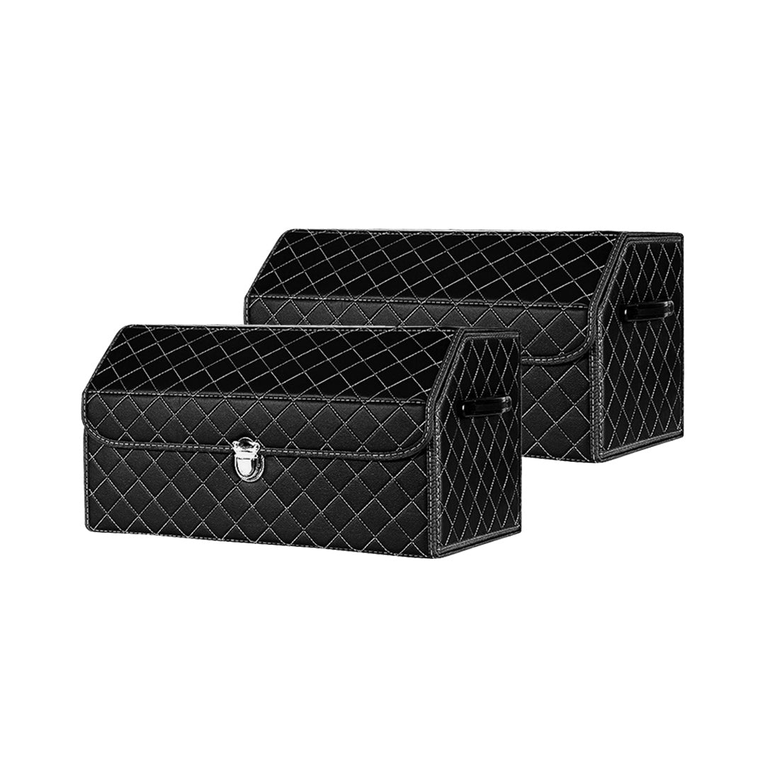 Soga 2 X Leather Car Boot Collapsible Foldable Trunk Cargo Organizer Portable Storage Box Black/White Stitch With Lock Medium