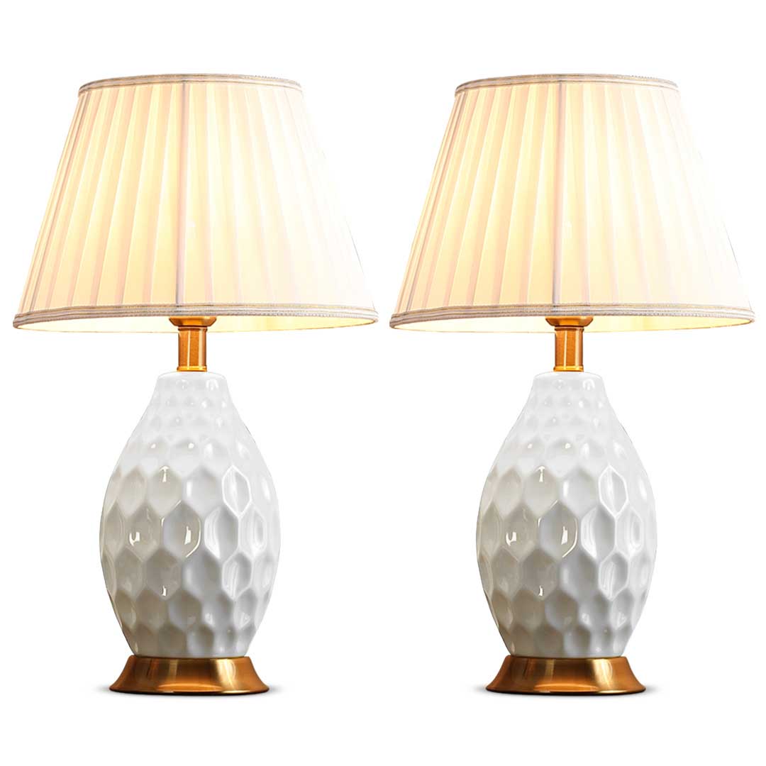 Soga 2 X Textured Ceramic Oval Table Lamp With Gold Metal Base White