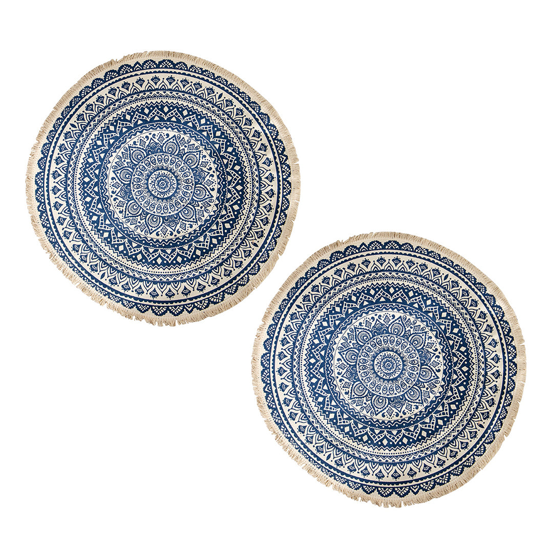 2X Dark Blue Carpet Soft Linen Bohemian Non-Slip Floor Retro Minimalist Round Rug Home Decor with Tassels