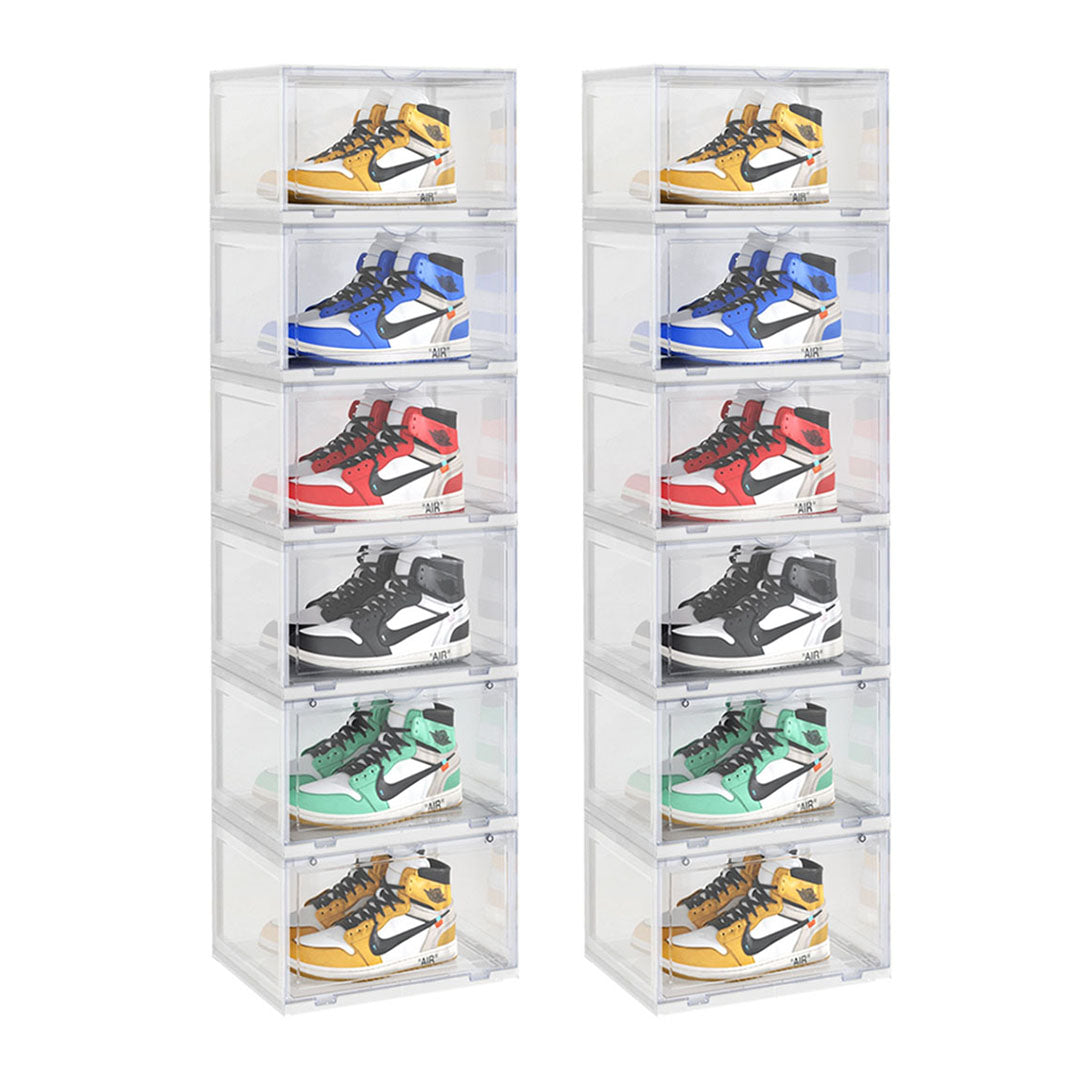 2X 6 Tier Transparent Portable Shoe Organiser Sneaker Footwear Folding Plastic Bin Stackable Storage Box with Magnetic Door