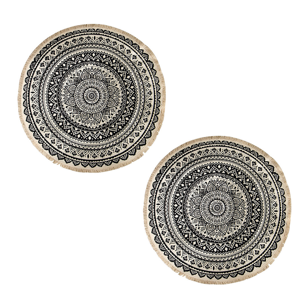 2X Black Carpet Soft Linen Bohemian Non-Slip Floor Retro Minimalist Round Rug Home Decor with Tassels