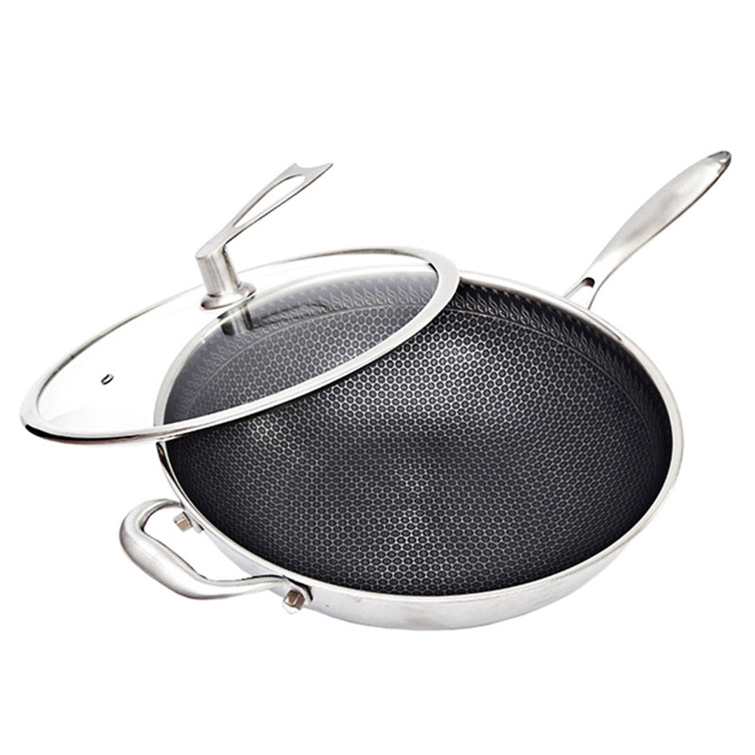 Soga 34cm Stainless Steel Tri Ply Frying Cooking Fry Pan Textured Non Stick Skillet With Glass Lid And Helper Handle