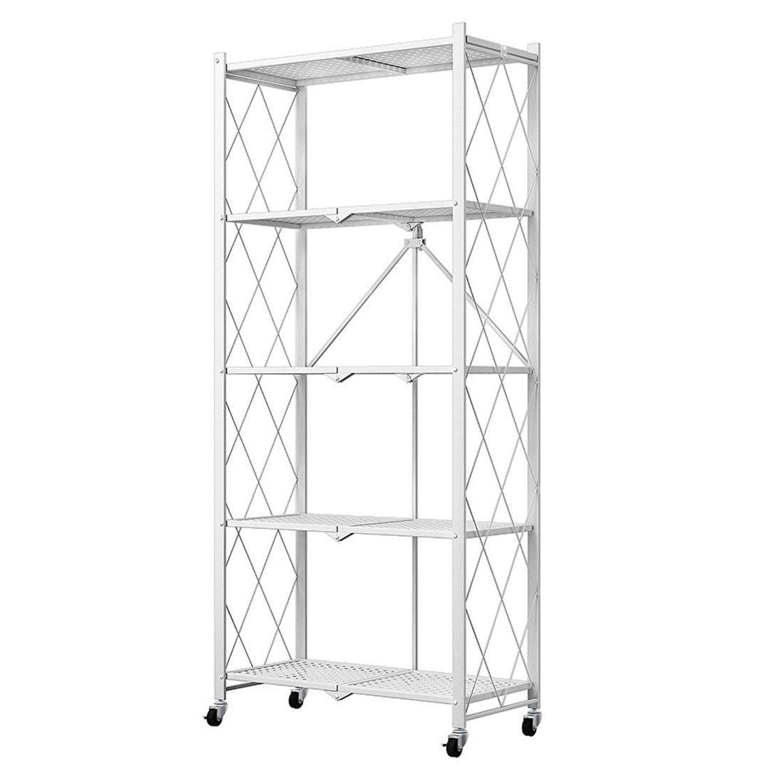 5 Tier Steel White Foldable Kitchen Cart Multi-Functional Shelves Portable Storage Organizer with Wheels