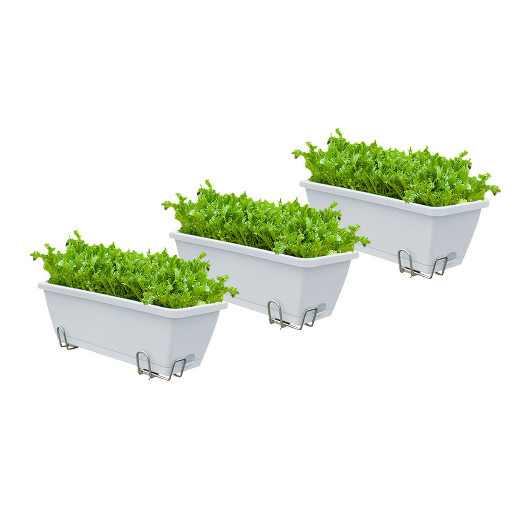 49.5cm White Rectangular Planter Vegetable Herb Flower Outdoor Plastic Box with Holder Balcony Garden Decor Set of 3