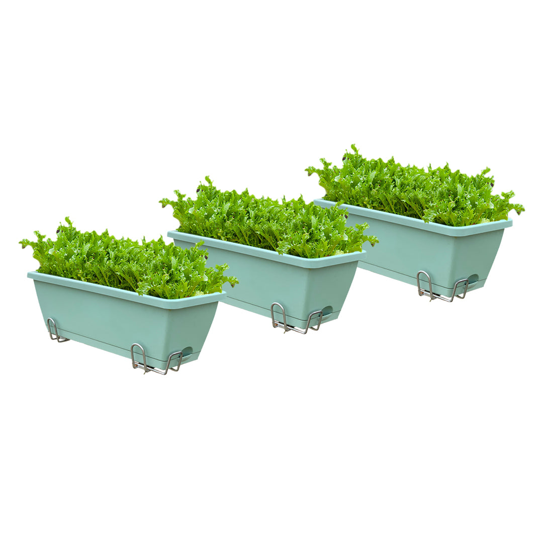 49.5cm Green Rectangular Planter Vegetable Herb Flower Outdoor Plastic Box with Holder Balcony Garden Decor Set of 3