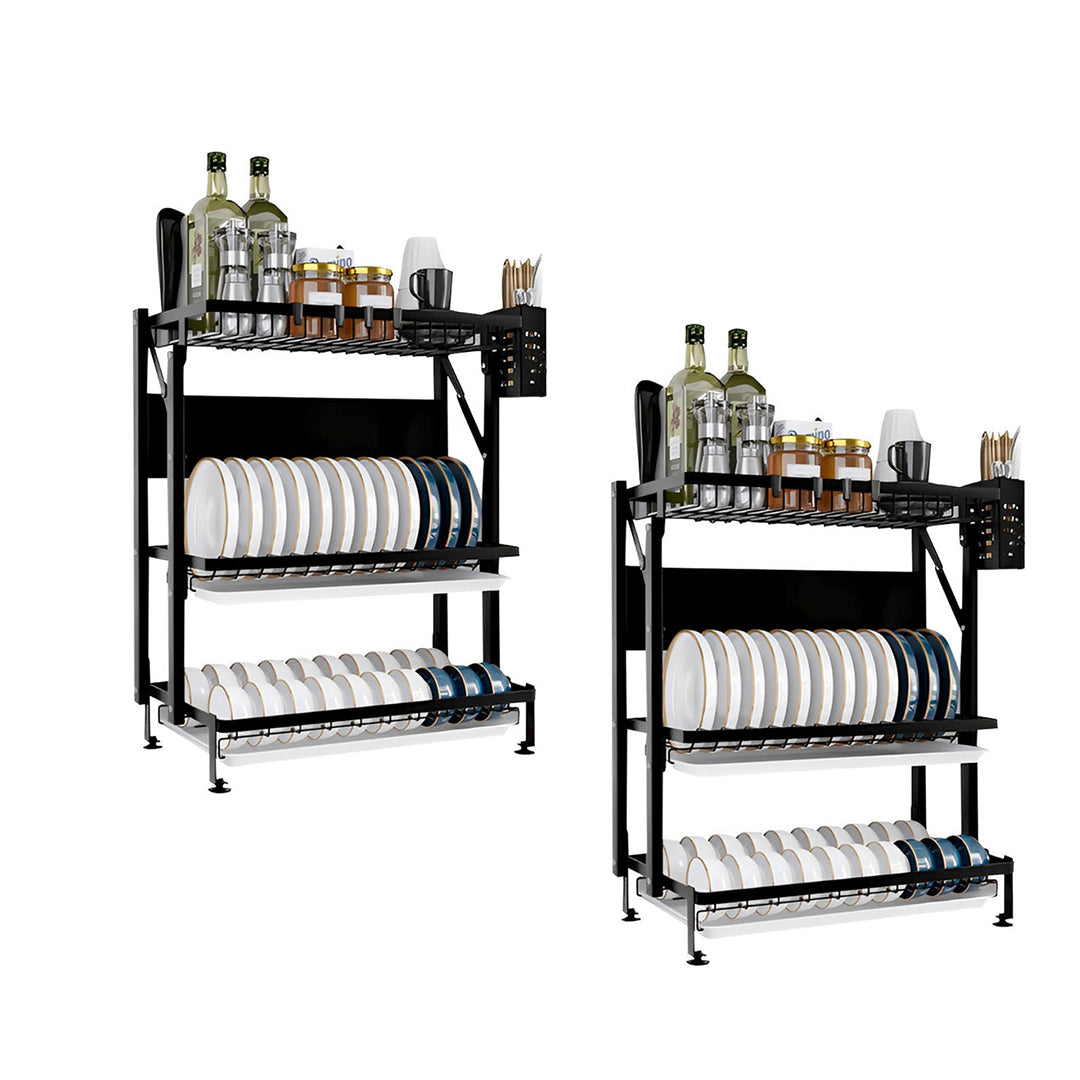 2X 3 Tier Steel Black Kitchen Countertop Drying Rack Dish Plate Cutlery Cutting Board Holder Dish Drainer Kitchen Organiser