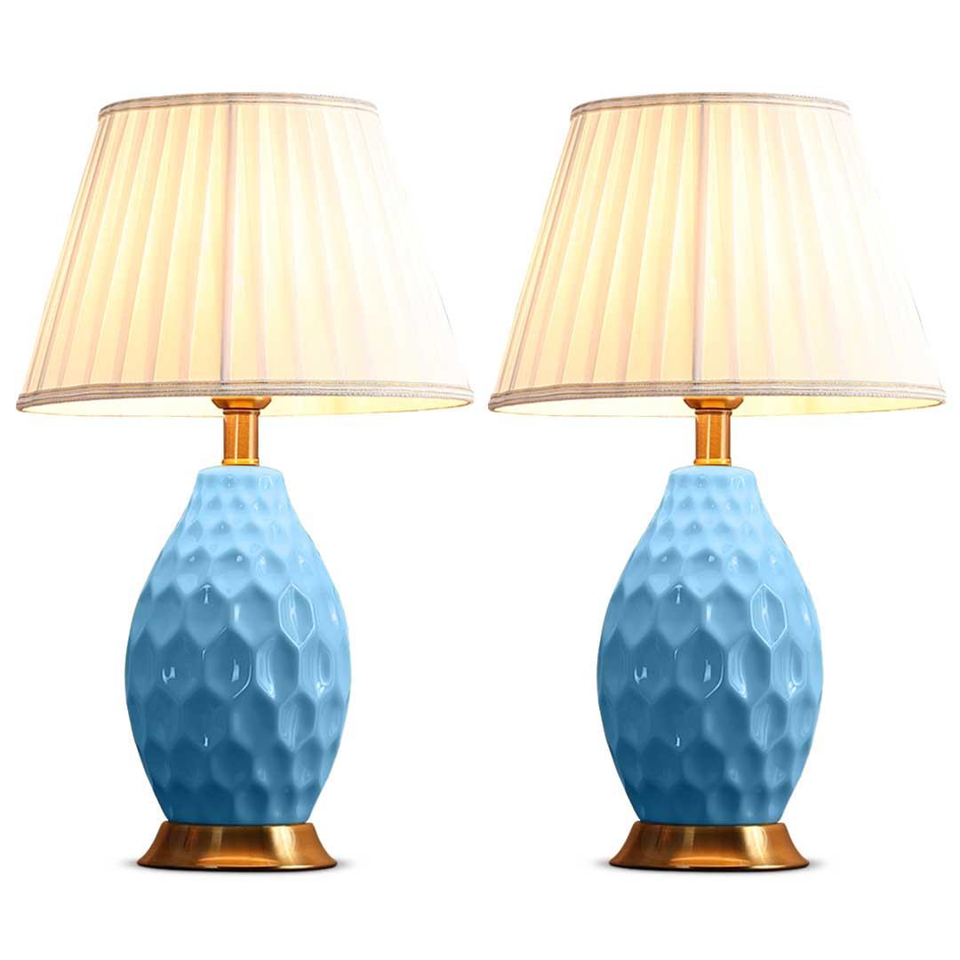 Soga 2 X Textured Ceramic Oval Table Lamp With Gold Metal Base Blue