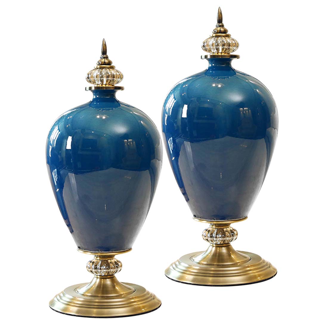 Soga 2 X 42cm Ceramic Oval Flower Vase With Gold Metal Base Dark Blue