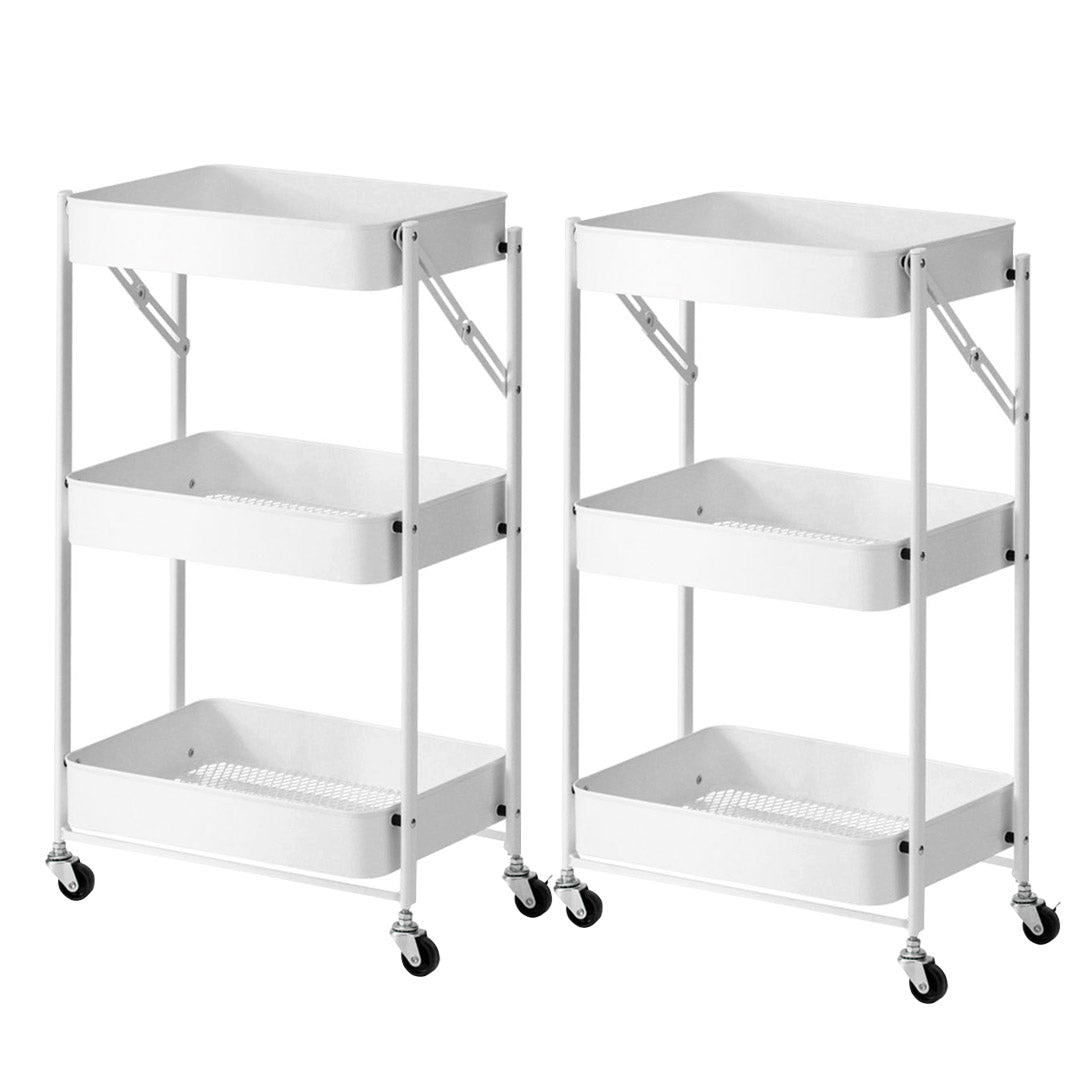 Soga 2 X 3 Tier Steel White Foldable Kitchen Cart Multi Functional Shelves Portable Storage Organizer With Wheels