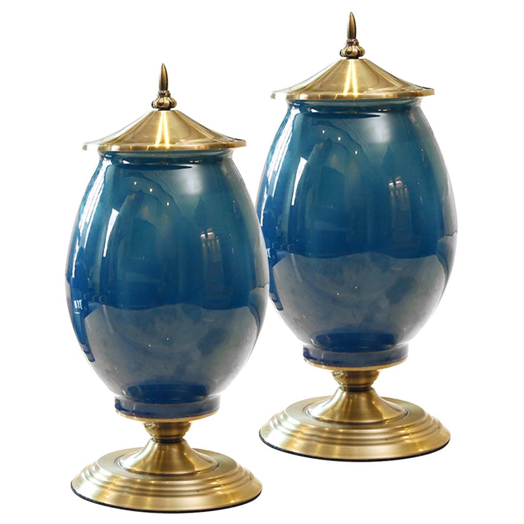 Soga 2 X 40cm Ceramic Oval Flower Vase With Gold Metal Base Dark Blue