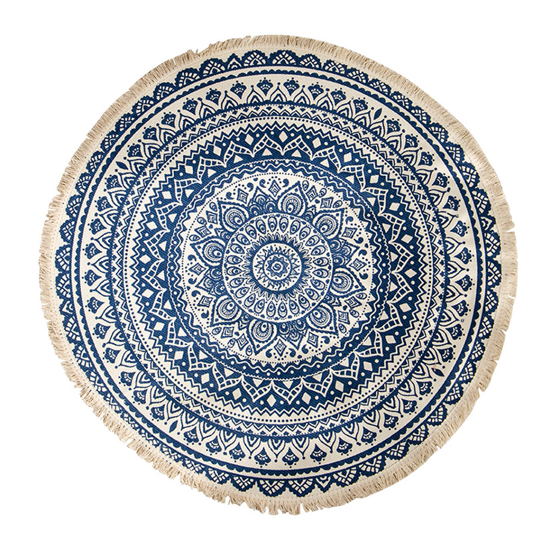 Dark Blue Carpet Soft Linen Bohemian Non-Slip Floor Retro Minimalist Round Rug Home Decor with Tassels