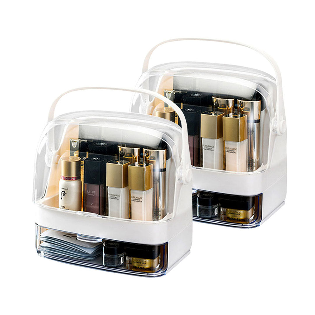 2X 2 Tier White Countertop Makeup Cosmetic Storage Organiser Skincare Holder Jewelry Storage Box with Handle