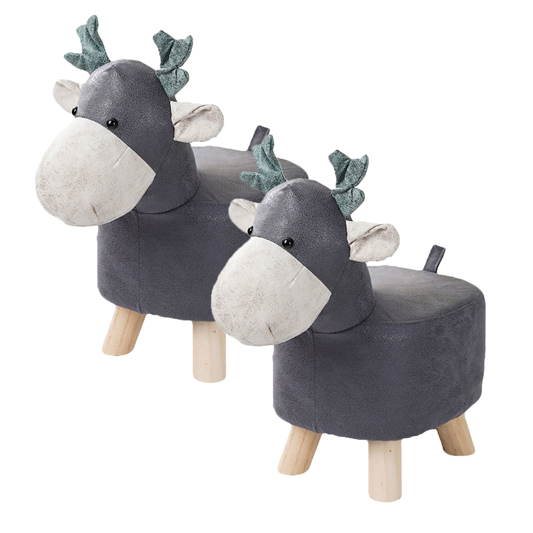 2X Grey Children Bench Deer Character Round Ottoman Stool Soft Small Comfy Seat Home Decor
