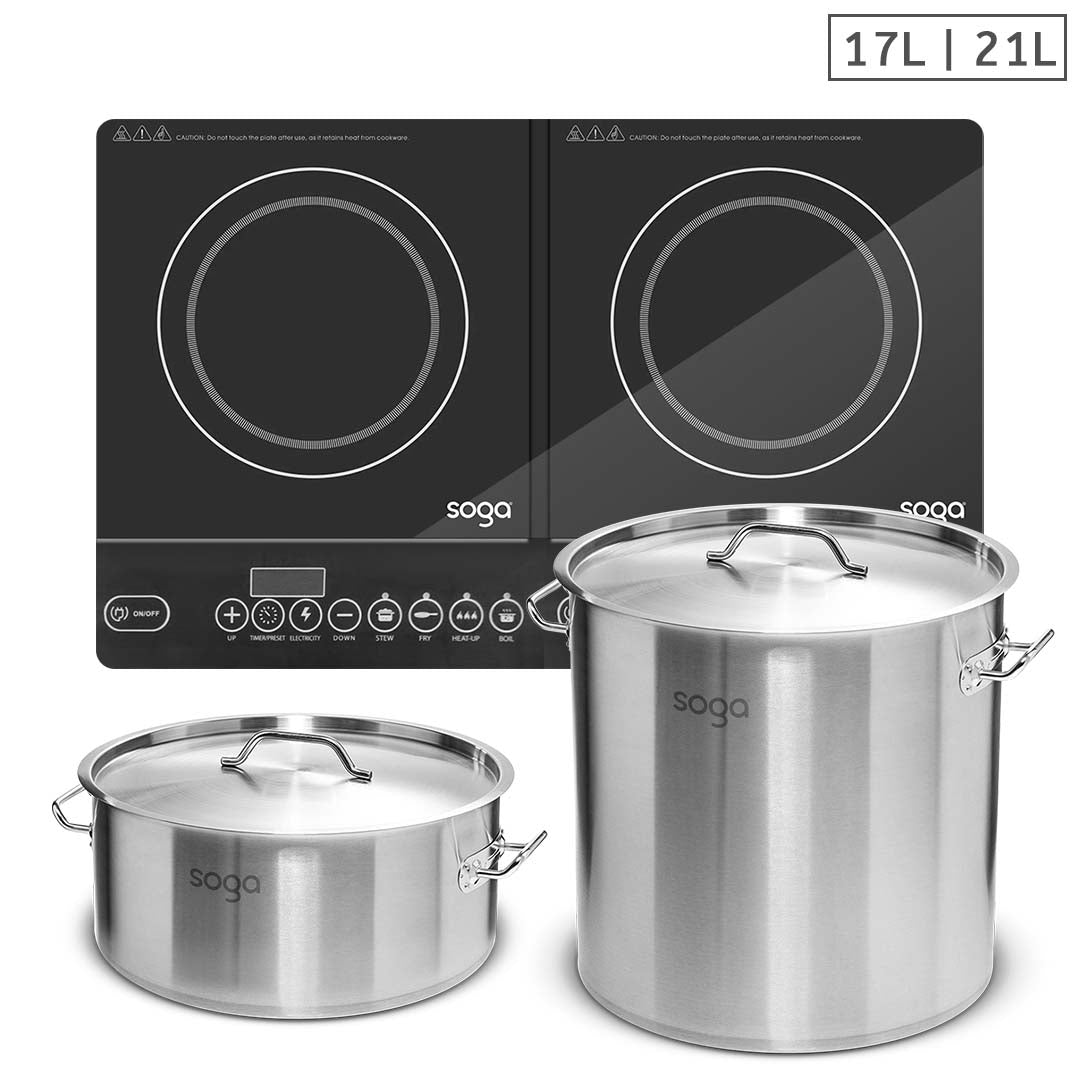 Soga Dual Burners Cooktop Stove, 21 L And 17 L Stainless Steel Stockpot Top Grade Stock Pot