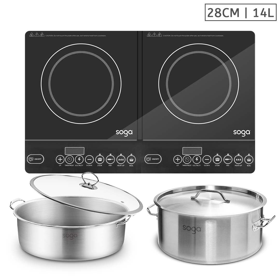 Soga Dual Burners Cooktop Stove, 14 L Stainless Steel Stockpot And 28cm Induction Casserole