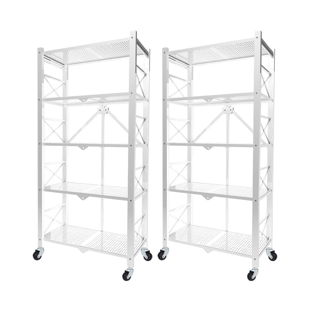 Soga 2 X 5 Tier Steel White Foldable Display Stand Multi Functional Shelves Portable Storage Organizer With Wheels