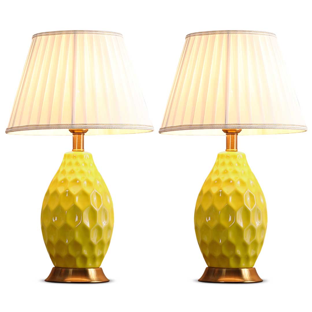Soga 2 X Textured Ceramic Oval Table Lamp With Gold Metal Base Yellow