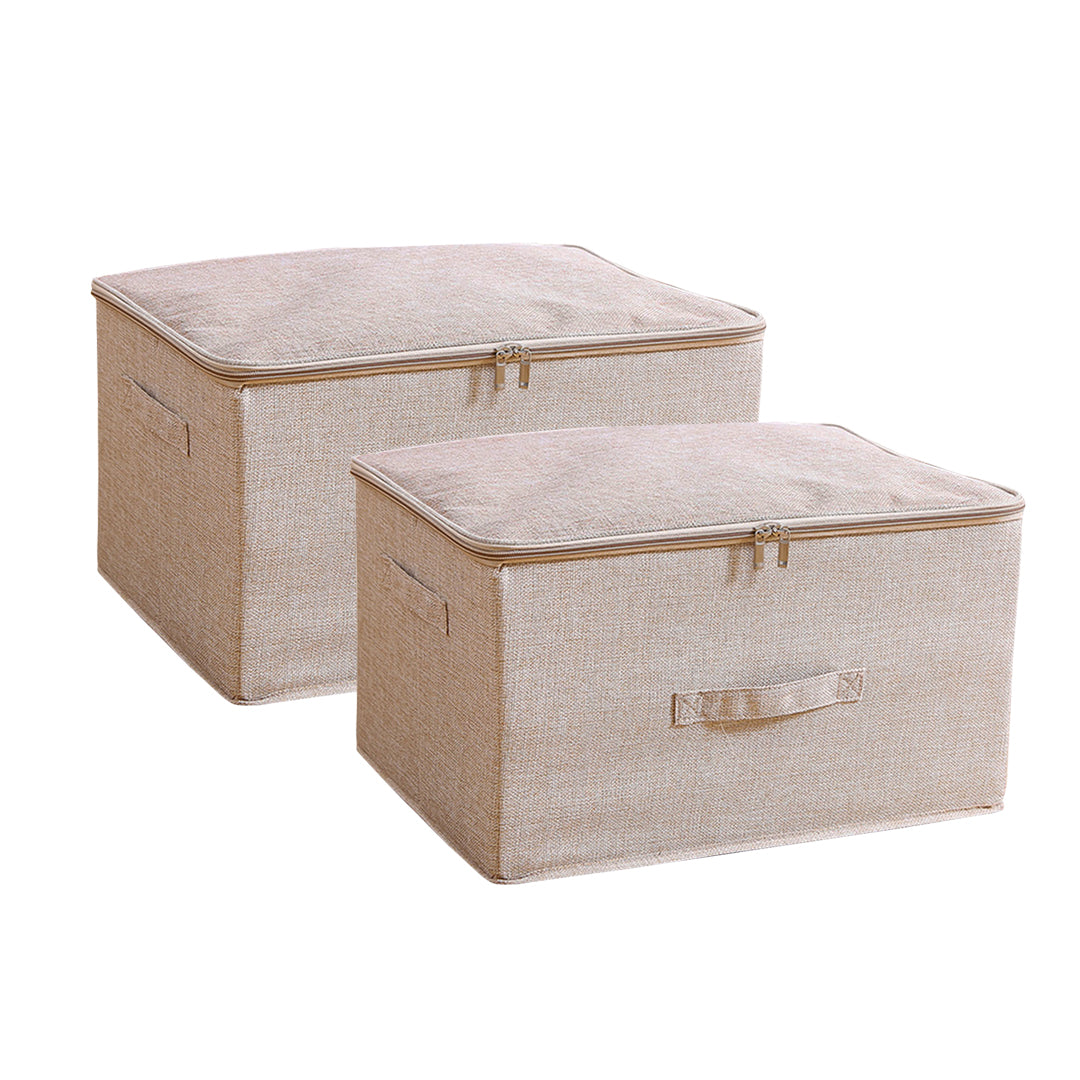 2X Beige Large Portable Double Zipper Storage Box Moisture Proof Clothes Basket Foldable Home Organiser