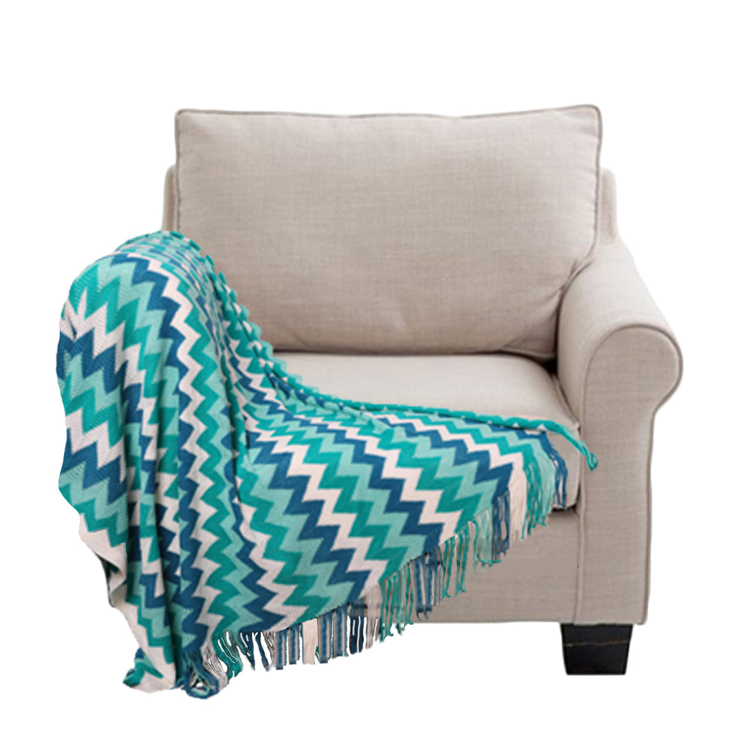 170cm Blue Zigzag Striped Throw Blanket Acrylic Wave Knitted Fringed Woven Cover Couch Bed Sofa Home Decor