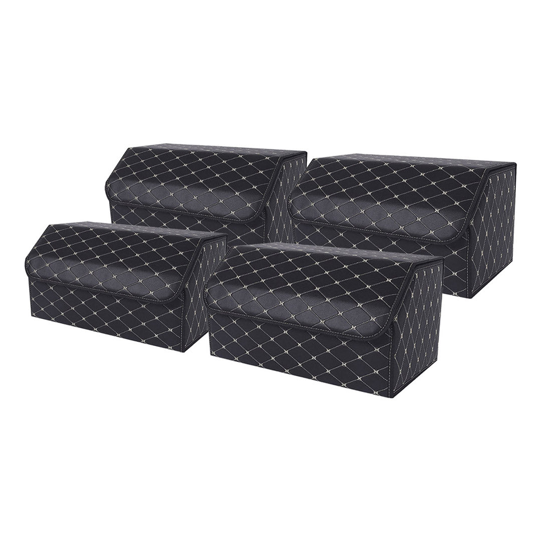 Soga 4 X Leather Car Boot Collapsible Foldable Trunk Cargo Organizer Portable Storage Box Black/Gold Stitch Large