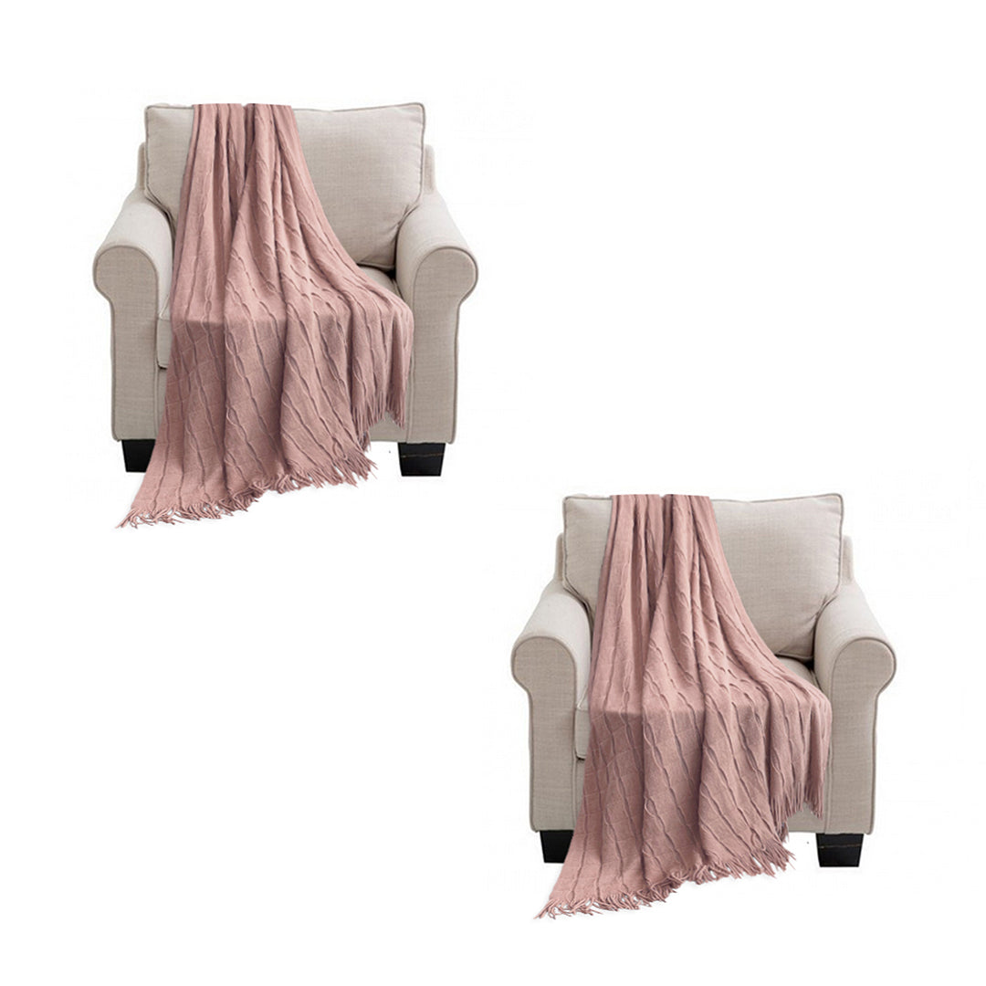 2X Pink Textured Knitted Throw Blanket Warm Cozy Woven Cover Couch Bed Sofa Home Decor with Tassels