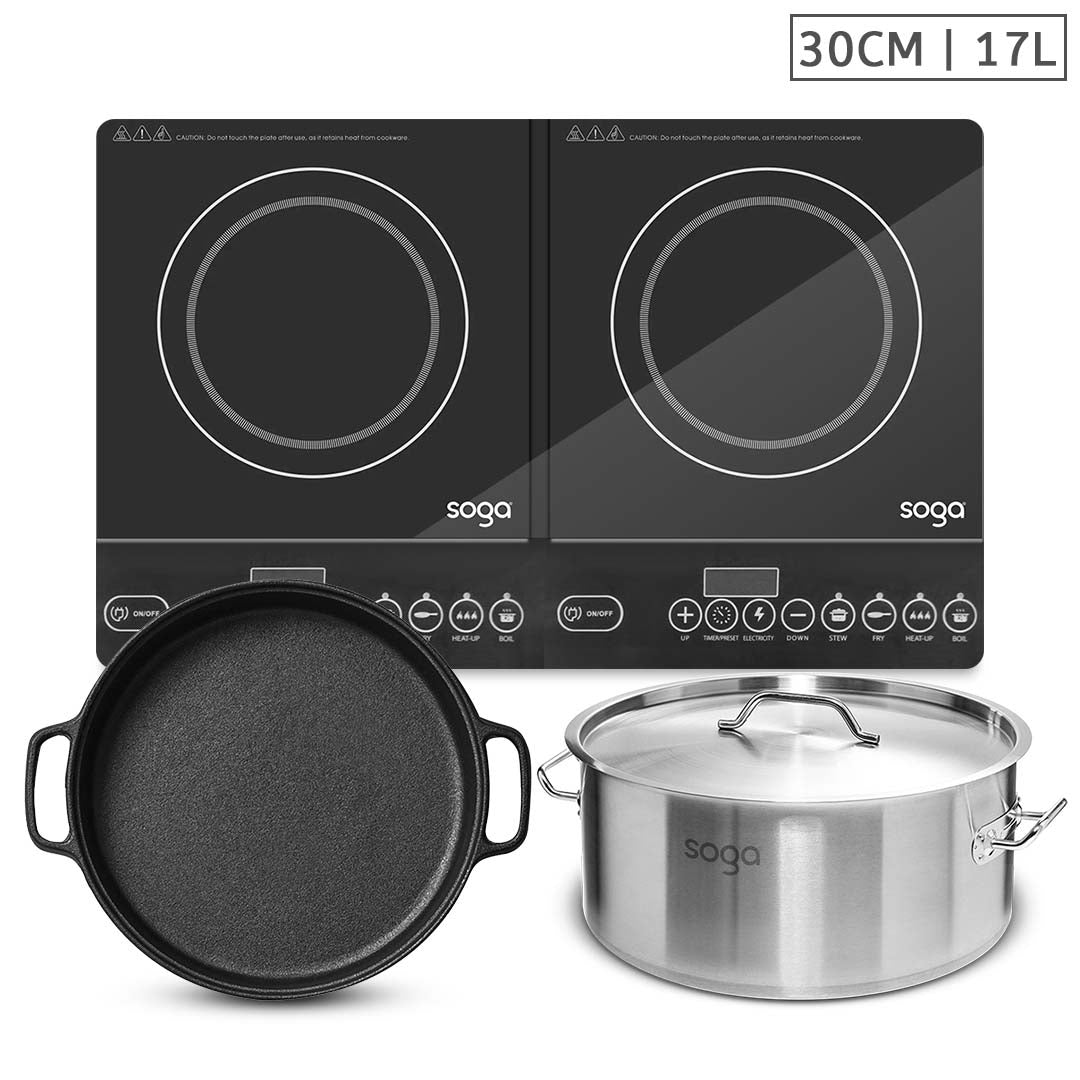 Soga Dual Burners Cooktop Stove, 30cm Cast Iron Skillet And 17 L Stainless Steel Stockpot