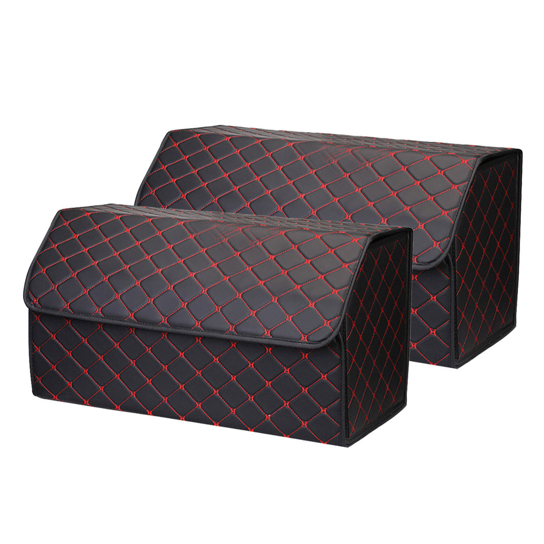 Soga 2 X Leather Car Boot Collapsible Foldable Trunk Cargo Organizer Portable Storage Box Black/Red Stitch Large