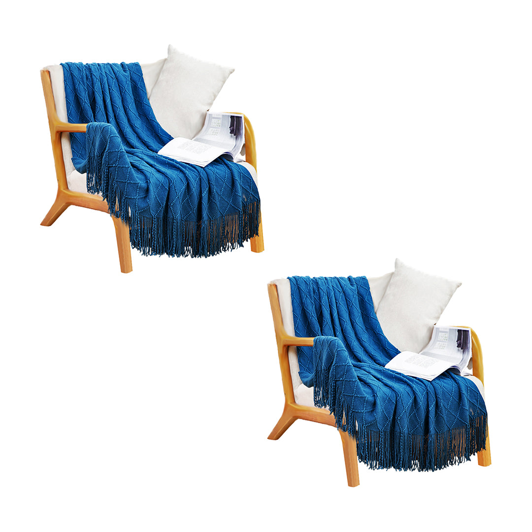 2X Royal Blue Diamond Pattern Knitted Throw Blanket Warm Cozy Woven Cover Couch Bed Sofa Home Decor with Tassels