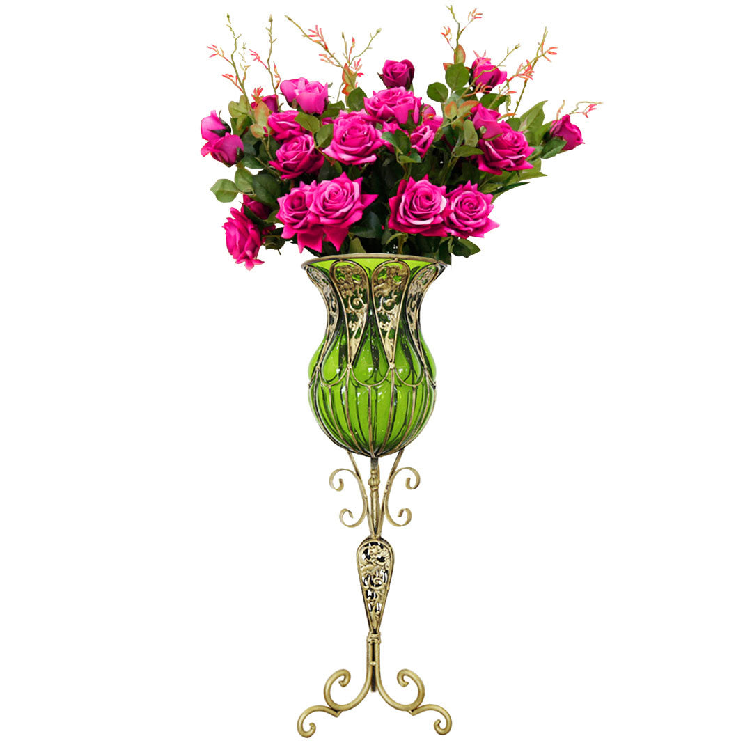 Soga 85cm Green Glass Tall Floor Vase And 12pcs Dark Pink Artificial Fake Flower Set