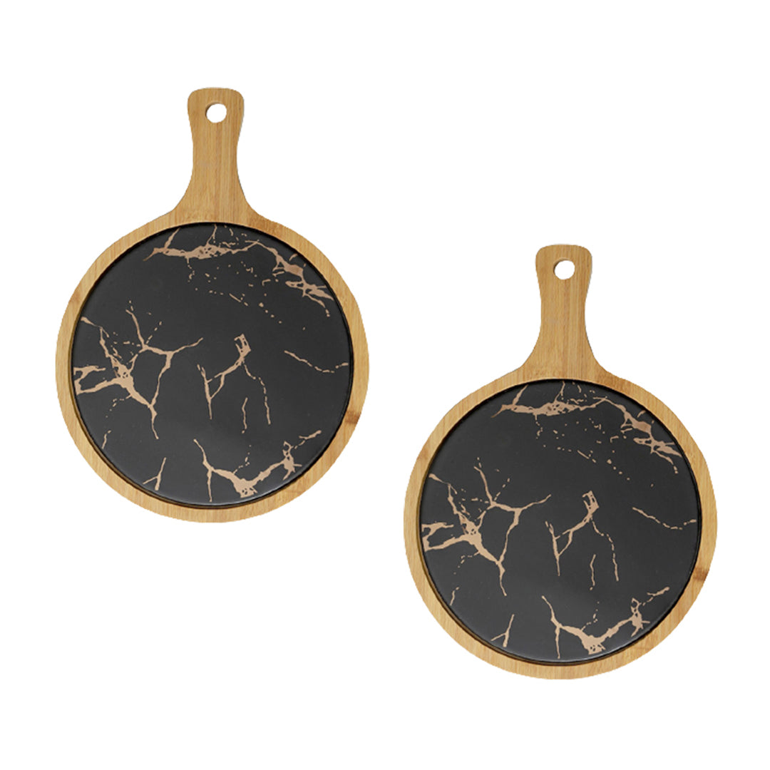 Soga 2 X 30cm Black Circle Wooden Serving Tray Slate Steak Serving Platter Chopping Board Paddle Home Decor