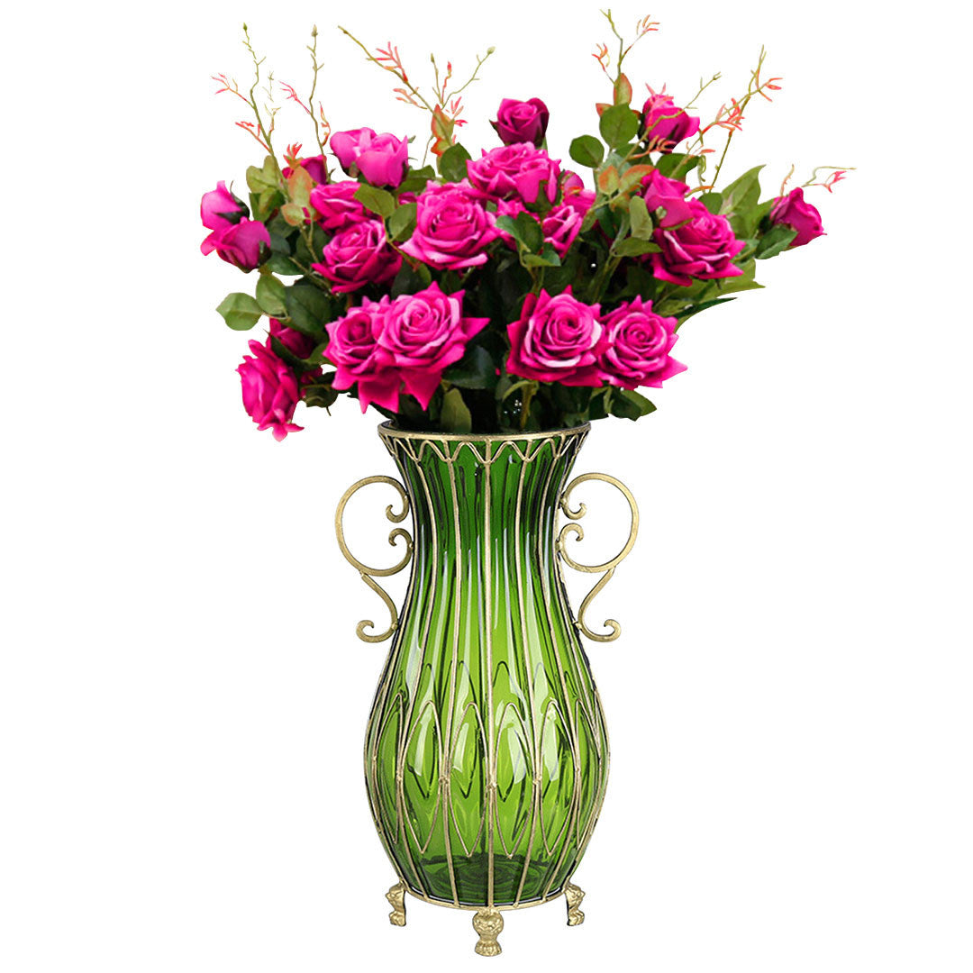 Soga 51cm Green Glass Tall Floor Vase With 12pcs Artificial Fake Flower Set