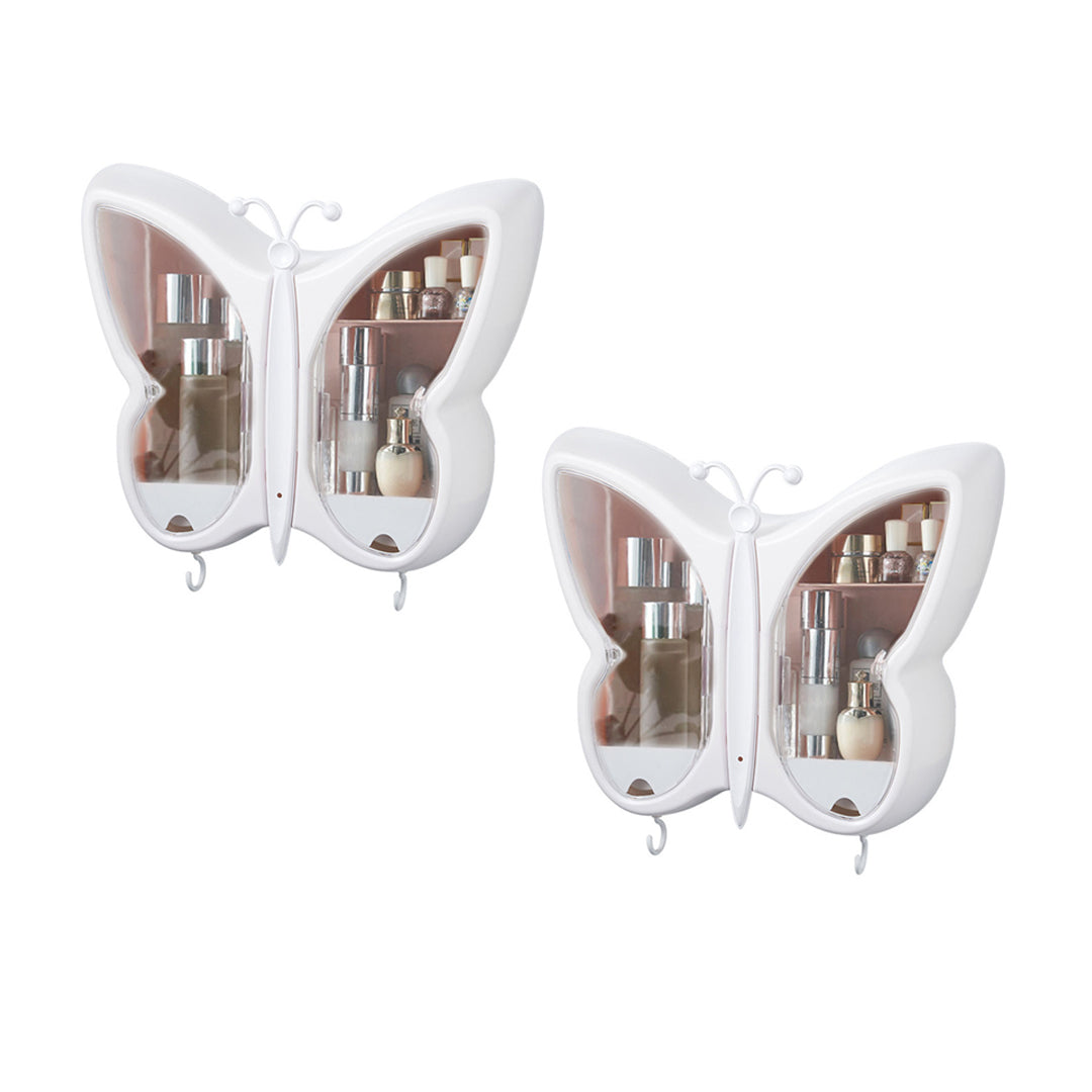 2X White Butterfly Shape Wall-Mounted Makeup Organiser Dustproof Waterproof Bathroom Storage Box Home Decor
