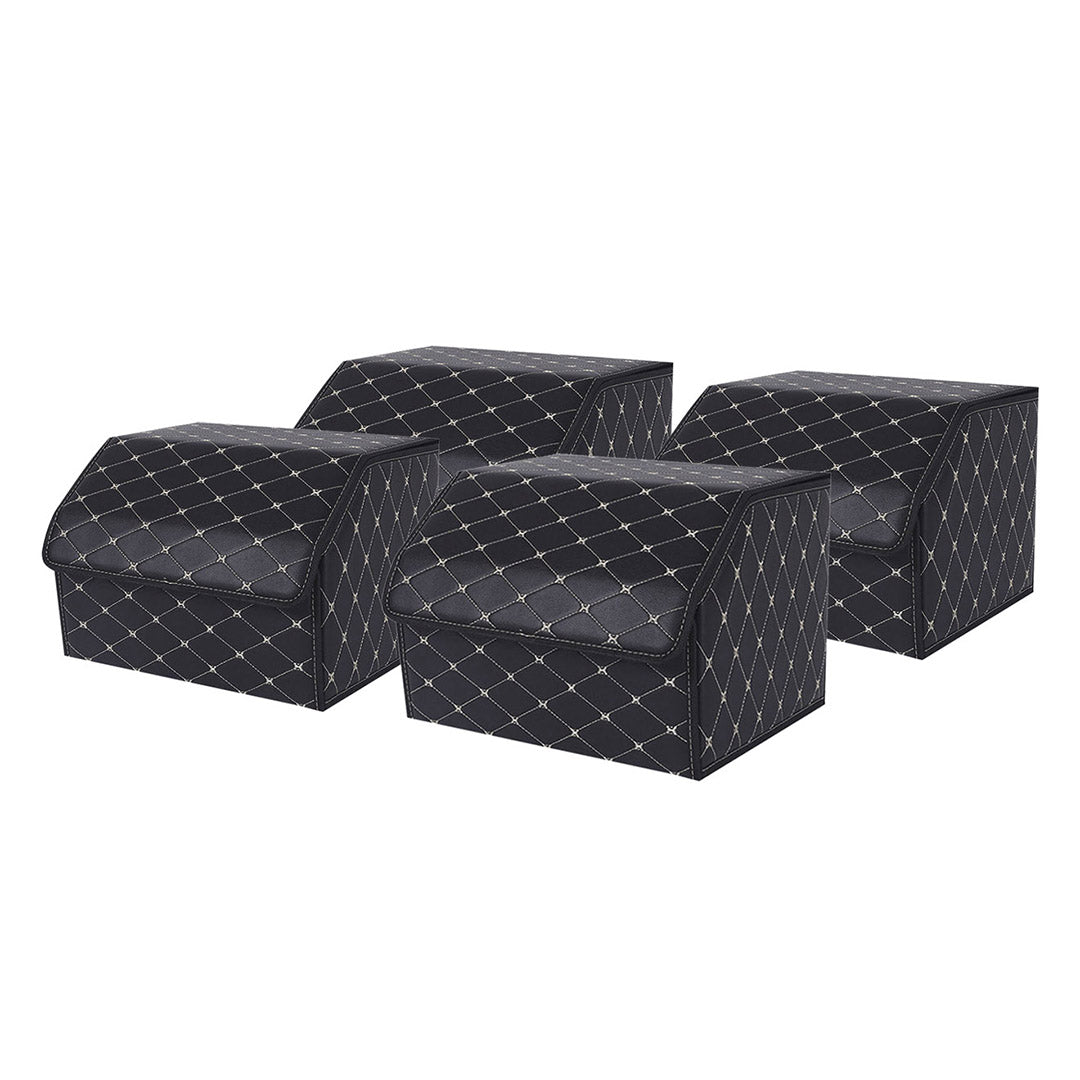Soga 4 X Leather Car Boot Collapsible Foldable Trunk Cargo Organizer Portable Storage Box Black/Gold Stitch Medium